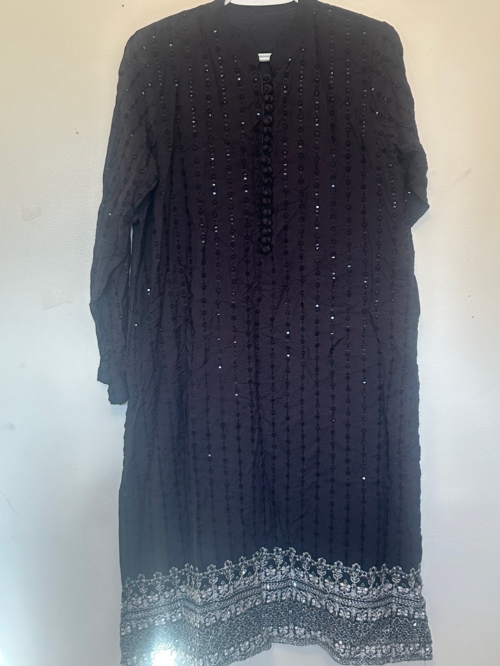Black Embellished Long Sleeve Tunic Dress with Beaded Hem